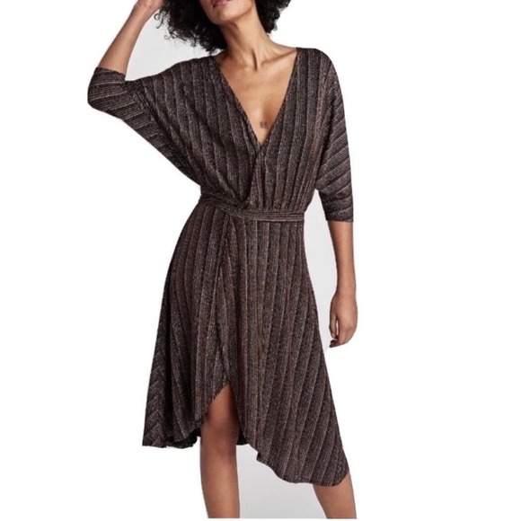 Zara Dresses & Skirts - Zara Bronze Metallic Striped Kimono Wrap Dress V-Neck High-Low Small S
